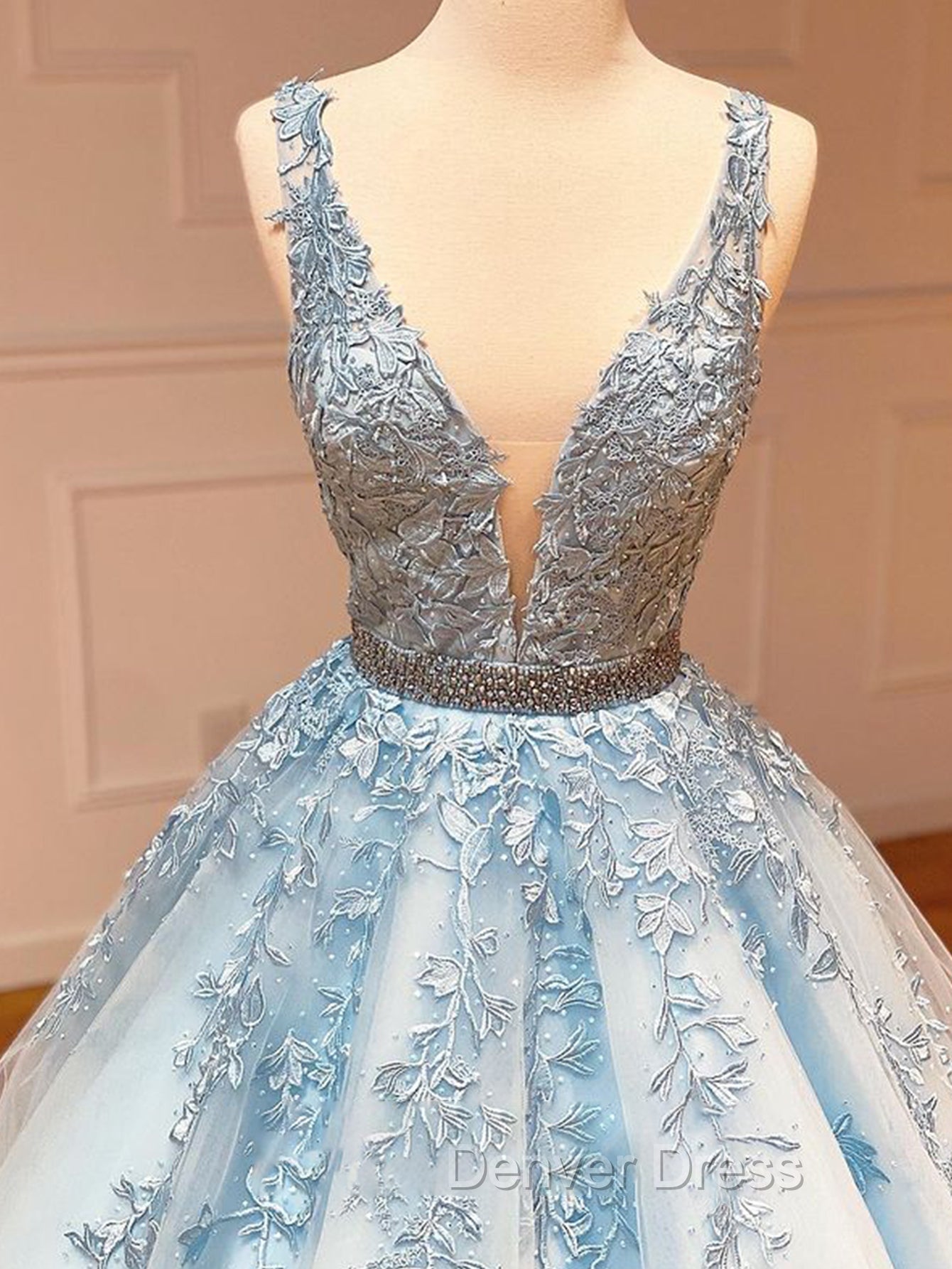A Line Light Blue V Neck Lace Long Prom Dresses Secondary image