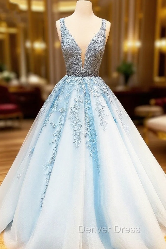 A Line Light Blue V Neck Lace Long Prom Dresses Main image