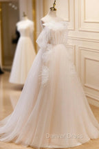 A-Line Light Champagne Long Prom Dresses, Light Champagne Lace Formal Dresses