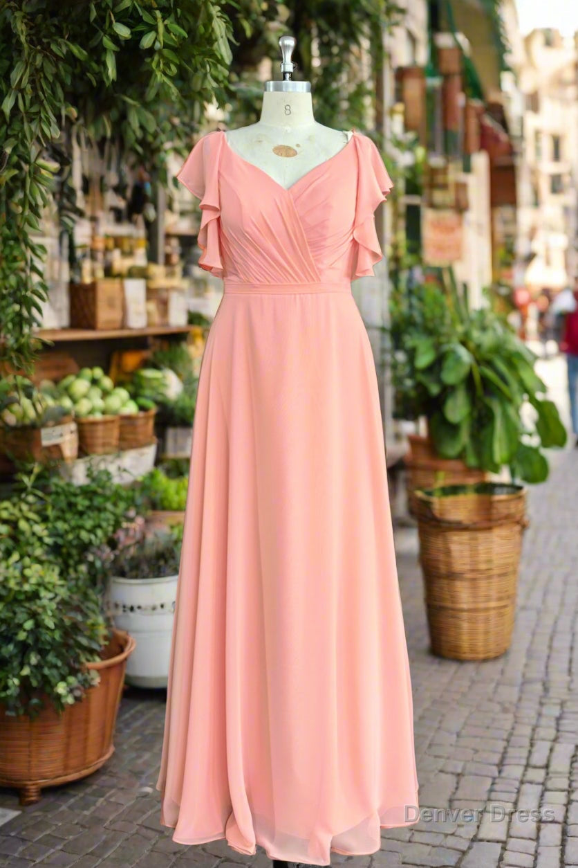 A Line Light Coral Ruffled Flutter Sleeves Chiffon Bridesmaid Dresses Main image