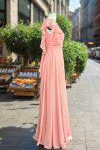 A Line Light Coral Ruffled Flutter Sleeves Chiffon Bridesmaid Dresses