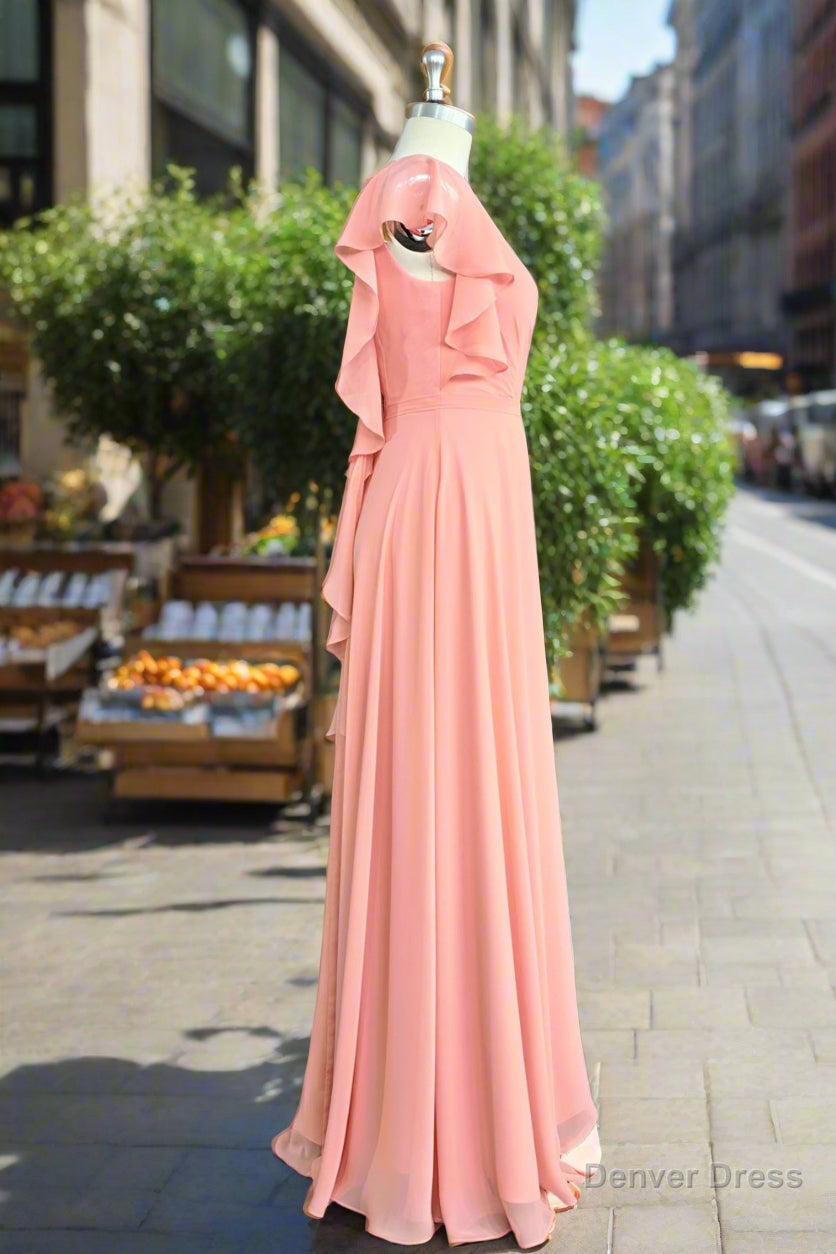A Line Light Coral Ruffled Flutter Sleeves Chiffon Bridesmaid Dresses