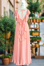 A Line Light Coral Ruffled Flutter Sleeves Chiffon Bridesmaid Dresses