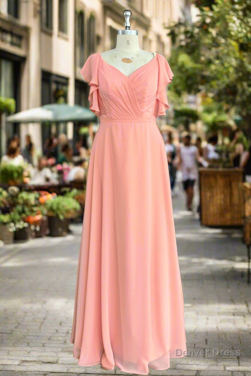 A Line Light Coral Ruffled Flutter Sleeves Chiffon Bridesmaid Dresses Secondary image
