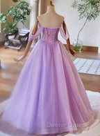 A-Line Light Purple Sweethart Lace Applique Party Dresses, Purple Long Prom Dresses