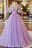 A-Line Light Purple Sweethart Lace Applique Party Dresses, Purple Long Prom Dresses