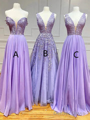 A-Line Long Lace Purple Prom Dress V-Neck Lilac Party Dresses