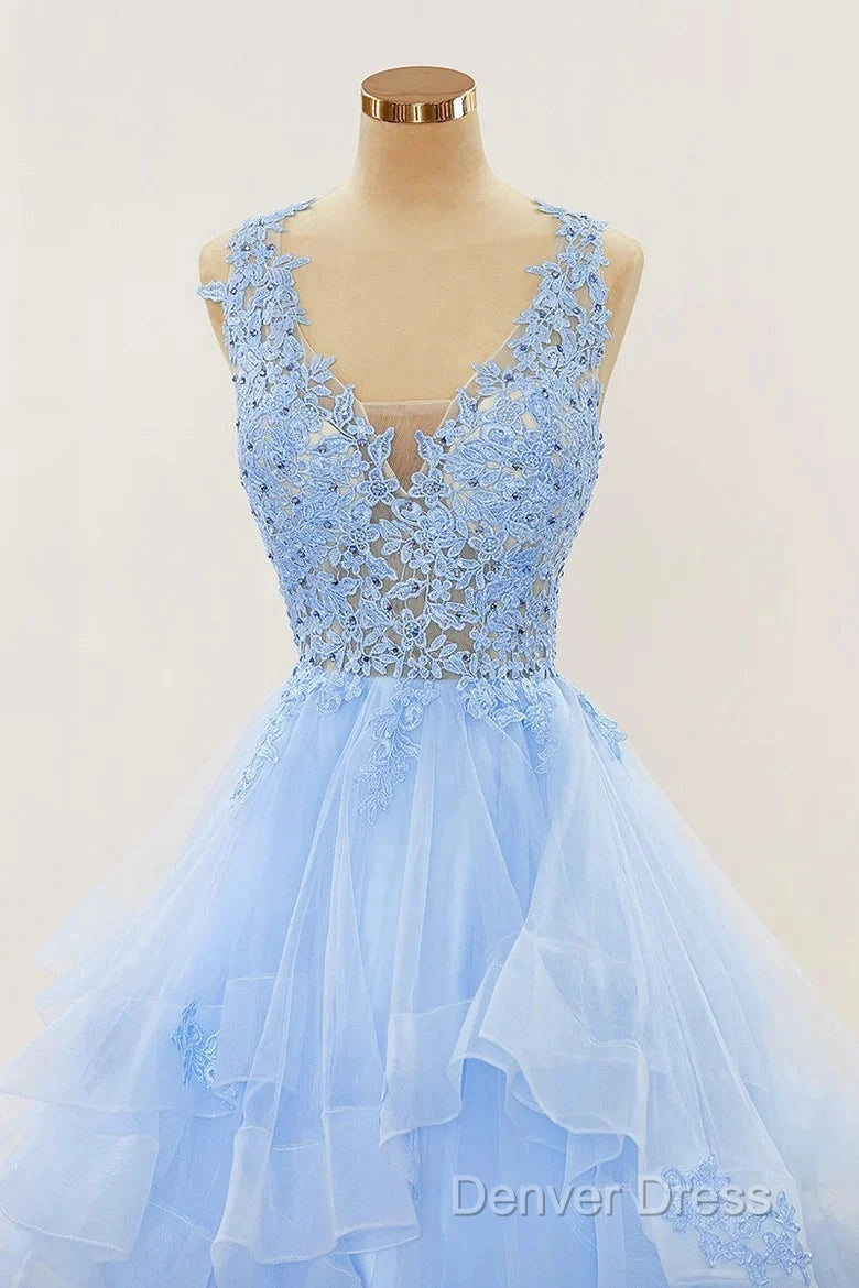 A-Line Long Layers Lace Prom Dresses Light Blue Beaded Appliques