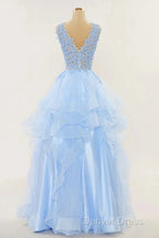 A-Line Long Layers Lace Prom Dresses Light Blue Beaded Appliques