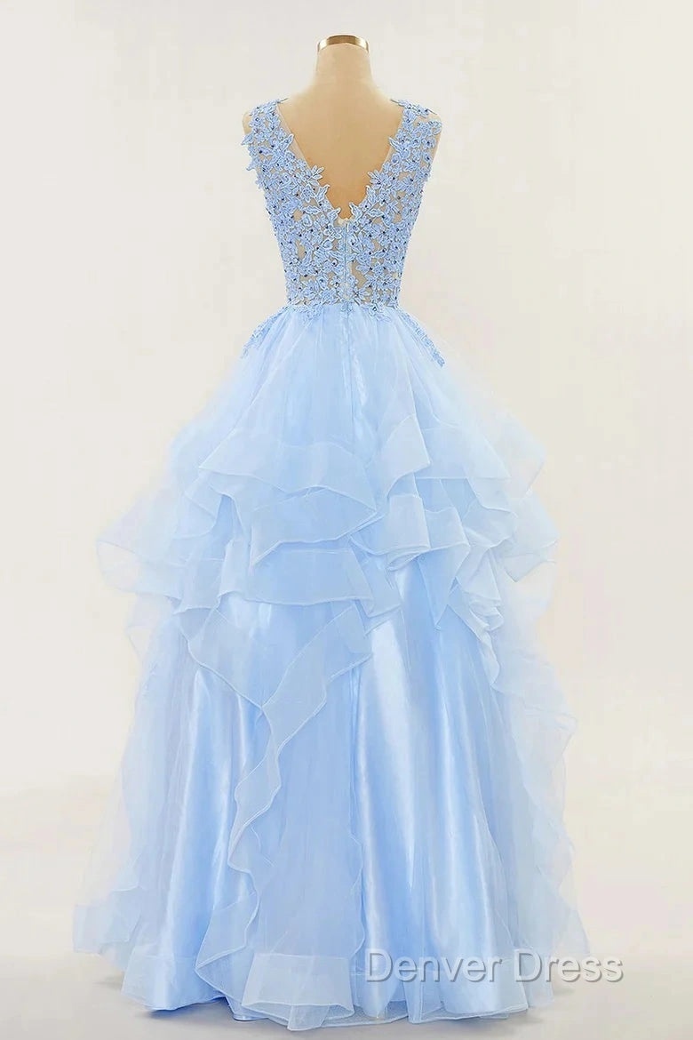 A-Line Long Layers Lace Prom Dresses Light Blue Beaded Appliques