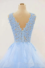 A-Line Long Layers Lace Prom Dresses Light Blue Beaded Appliques