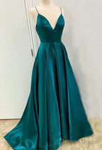 A Line Long Satin Emerald Green Prom Dresses  With Split