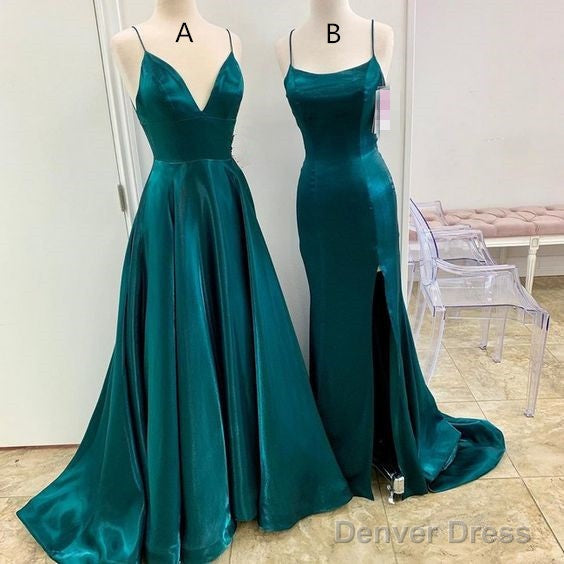 A Line Long Satin Emerald Green Prom Dresses  With Split