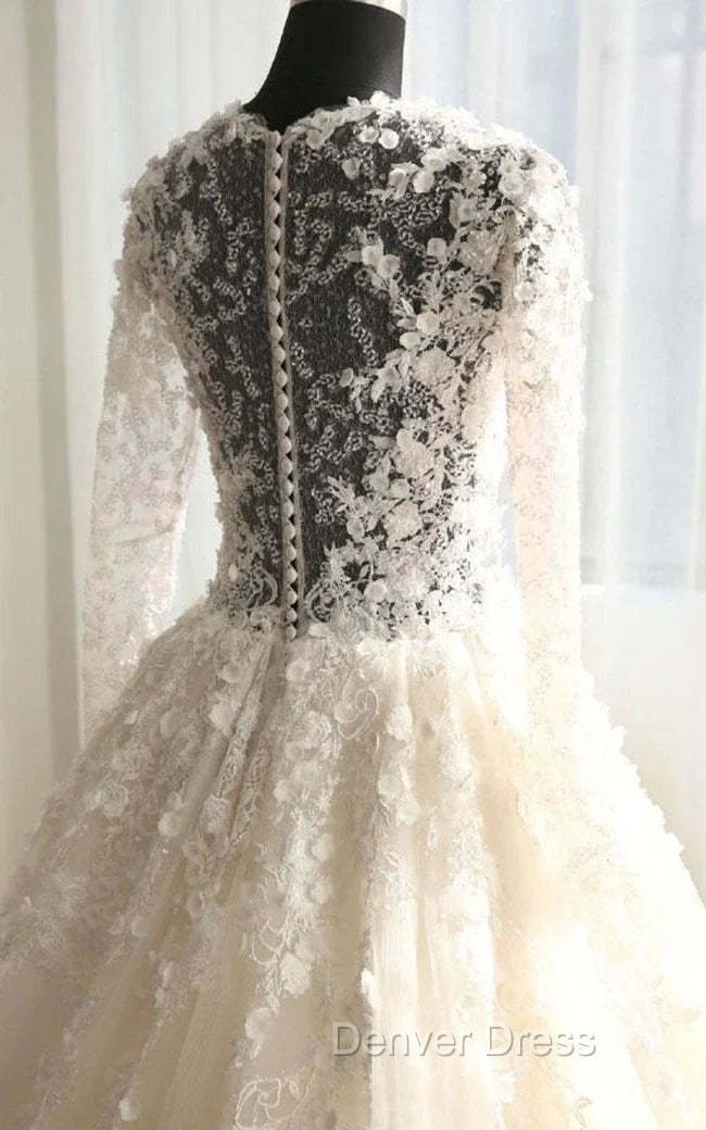 A-Line Long Sleeve Bell Beading Appliques Flower Zipper Keyhole Tulle Lace Dresses Secondary image