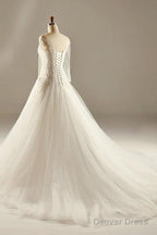 A-Line Long Sleeve Waist Lace Beaded Wedding Dress Court Train