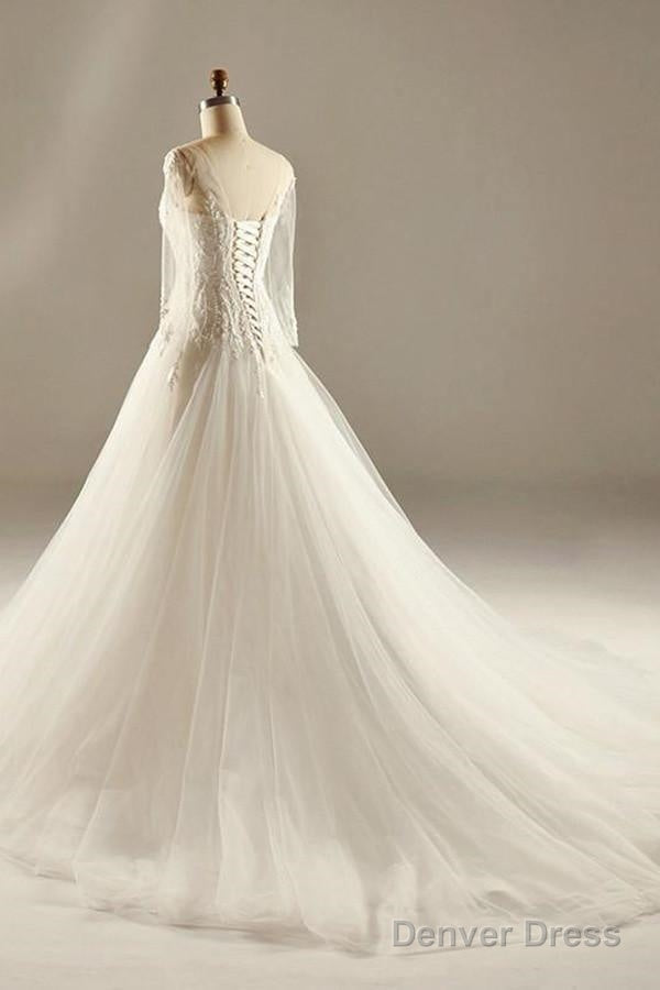 A Line Long Sleeve Waist Lace Beaded Wedding Dresses Court Train Secondary image