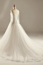 A Line Long Sleeve Waist Lace Beaded Wedding Dresses Court Train