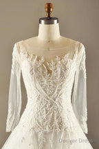 A-Line Long Sleeve Waist Lace Beaded Wedding Dress Court Train