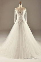 A-Line Long Sleeve Waist Lace Beaded Wedding Dress Court Train