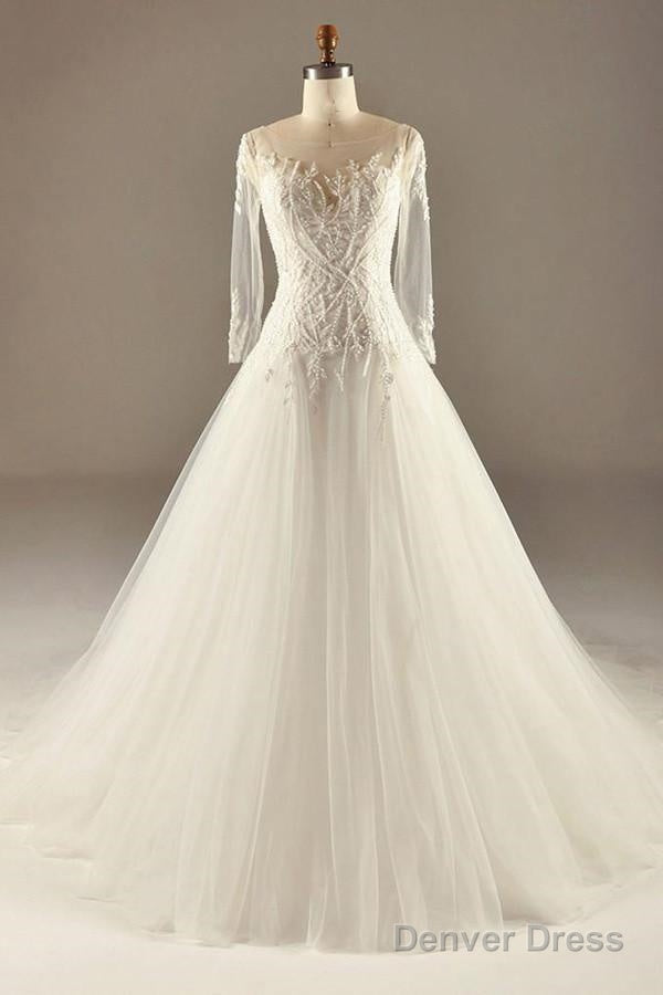 A Line Long Sleeve Waist Lace Beaded Wedding Dresses Court Train Main image
