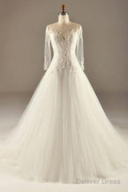 A Line Long Sleeve Waist Lace Beaded Wedding Dresses Court Train