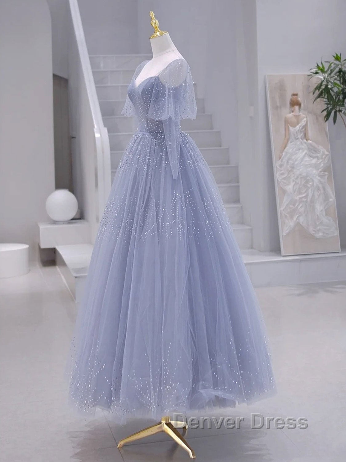 A Line Long sleeves Beading Gray Blue Long Prom Dress, Gray Blue Prom Dresses Secondary image