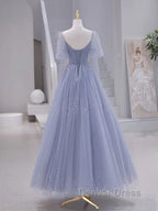 A Line Long sleeves Beading Gray Blue Long Prom Dress, Gray Blue Prom Dresses