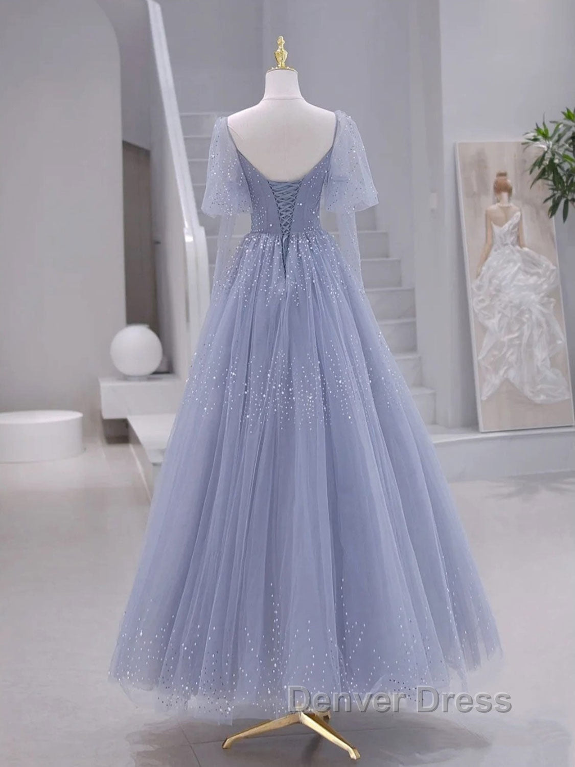 A Line Long sleeves Beading Gray Blue Long Prom Dress, Gray Blue Prom Dresses