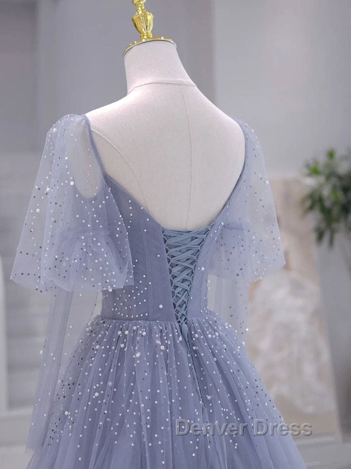 A Line Long sleeves Beading Gray Blue Long Prom Dress, Gray Blue Prom Dresses