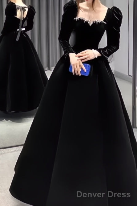 A Line Long Sleeves Black Velvet Prom Dresses Main image