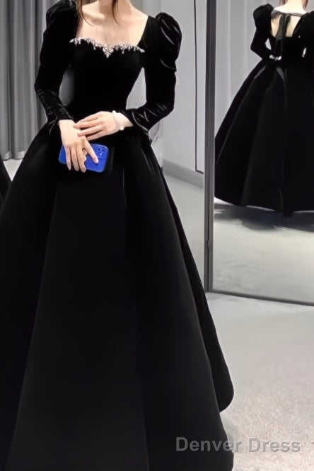 A Line Long Sleeves Black Velvet Prom Dresses