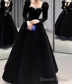 A Line Long Sleeves Black Velvet Prom Dresses
