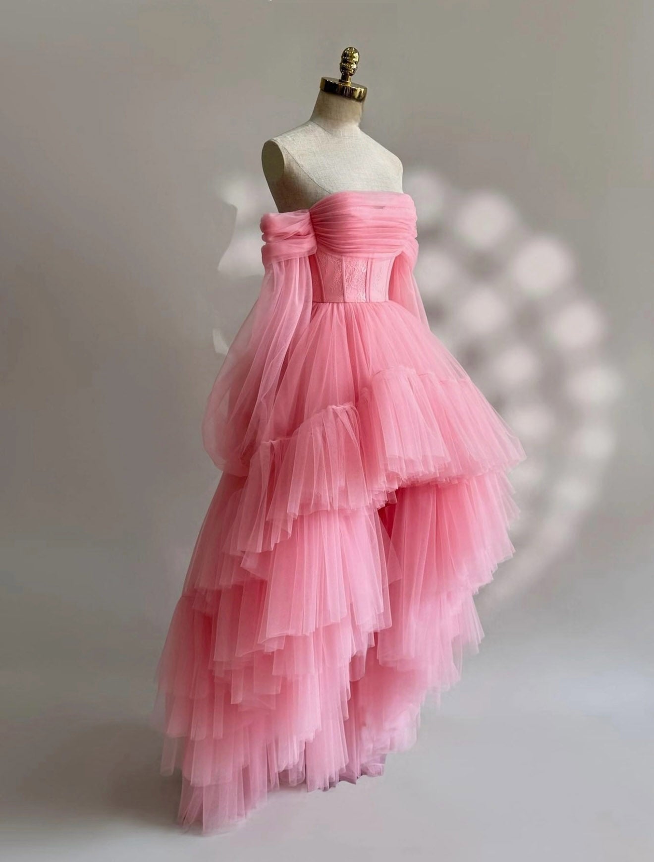 A-Line Long Sleeves High Low Tulle Lace Pink Prom Dresses