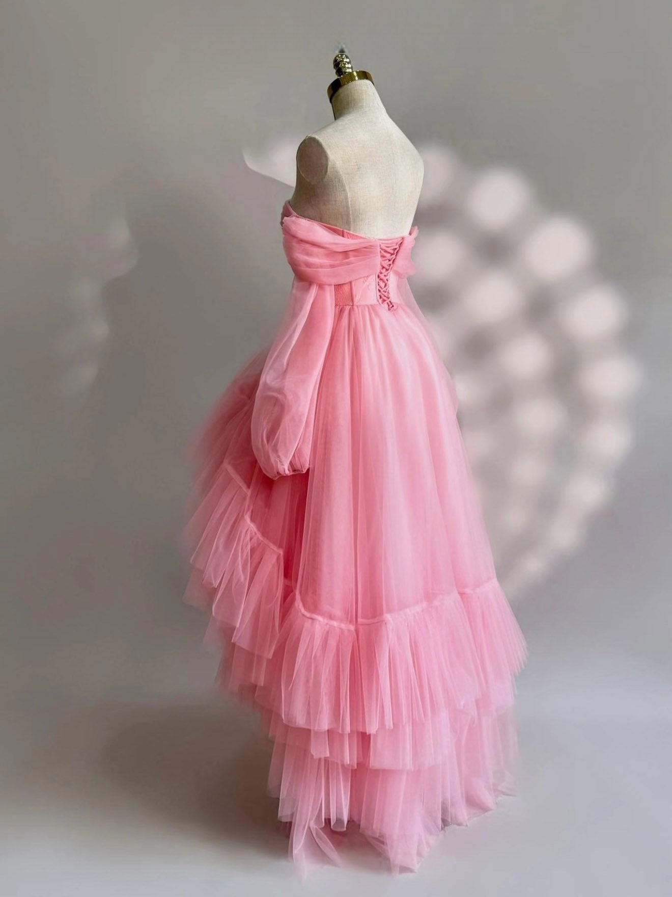 A-Line Long Sleeves High Low Tulle Lace Pink Prom Dresses