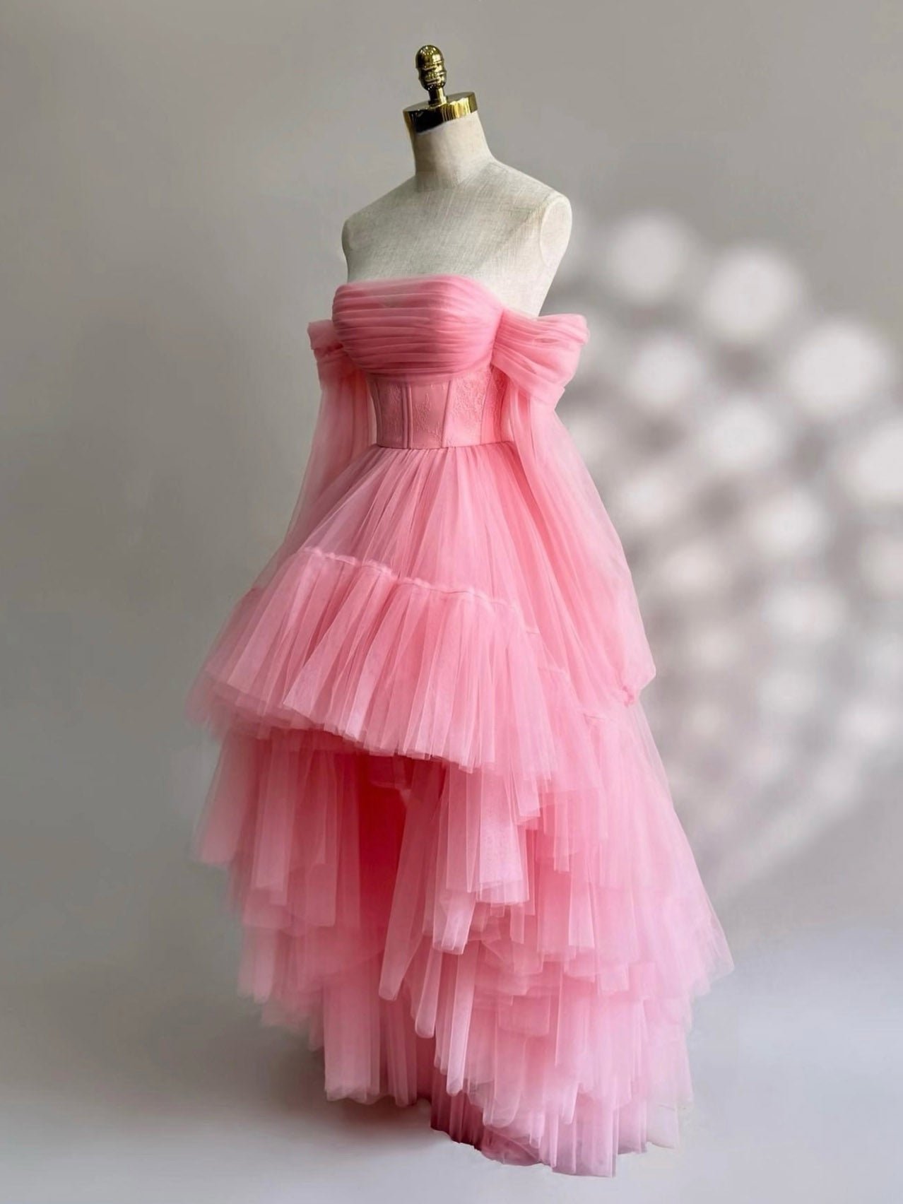 A-Line Long Sleeves High Low Tulle Lace Pink Prom Dresses