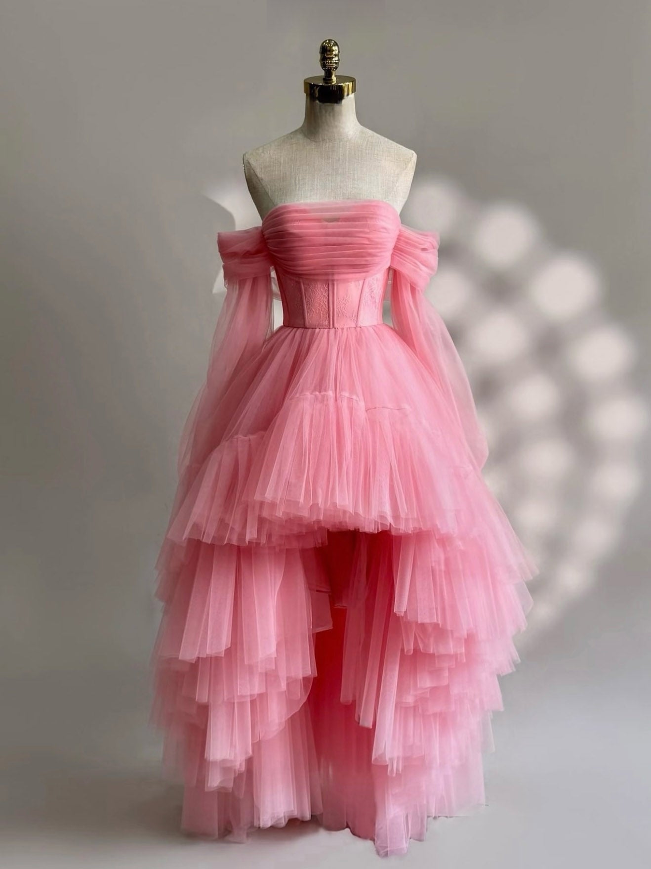 A-Line Long Sleeves High Low Tulle Lace Pink Prom Dresses Main image