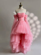 A-Line Long Sleeves High Low Tulle Lace Pink Prom Dresses