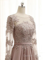 A Line Long Sleeves Lace Prom Dresses Chiffon Evening Gown