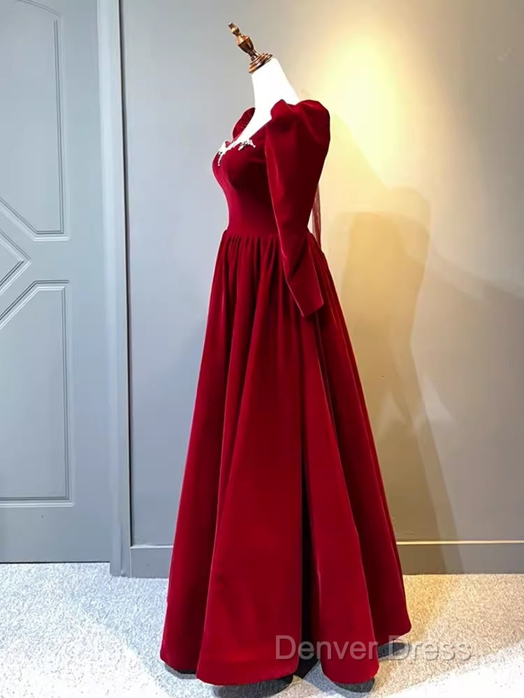 A Line Long Sleeves Red Velvet Prom Dresses