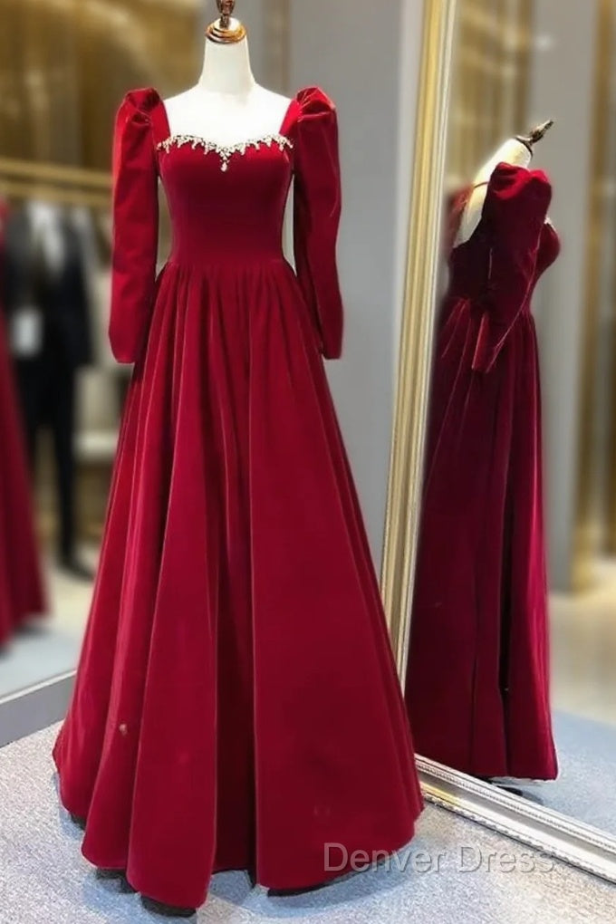 A Line Long Sleeves Red Velvet Prom Dresses