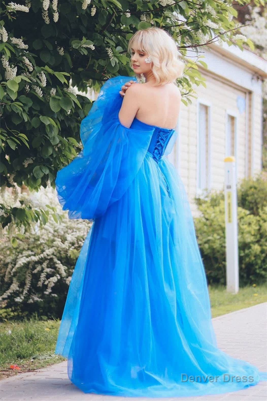 A line Long Sleeves Satin Tulle Prom Dress with Slit Secondary image