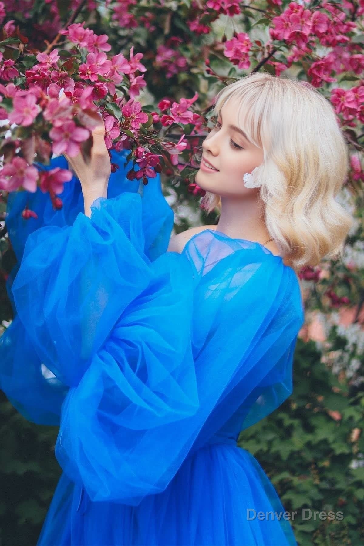 A line Long Sleeves Satin Tulle Prom Dress with Slit