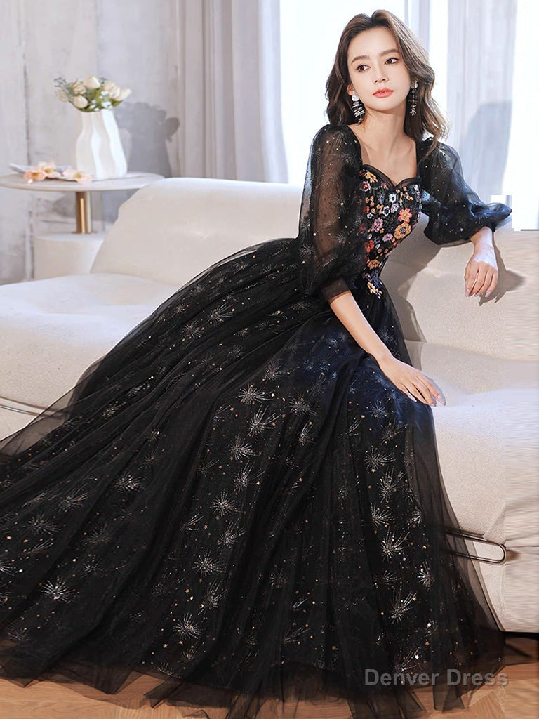 A Line long sleeves Tulle Lace Black Long Prom Dress, Black Lace Long Prom Dresses
