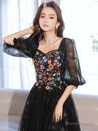 A Line long sleeves Tulle Lace Black Long Prom Dress, Black Lace Long Prom Dresses