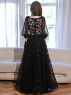 A Line long sleeves Tulle Lace Black Long Prom Dress, Black Lace Long Prom Dresses
