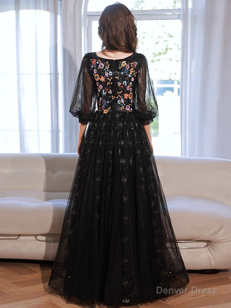 A Line long sleeves Tulle Lace Black Long Prom Dress, Black Lace Long Prom Dresses