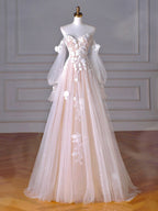 A-Line Long Sleeves Tulle Lace Champagne Long Prom Dresses, Champagne Long Formal Dresses