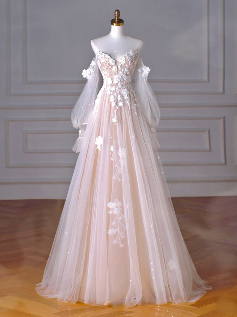 A-Line Long Sleeves Tulle Lace Champagne Long Prom Dresses, Champagne Long Formal Dresses