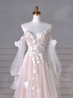A-Line Long Sleeves Tulle Lace Champagne Long Prom Dresses, Champagne Long Formal Dresses