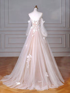 A-Line Long Sleeves Tulle Lace Champagne Long Prom Dresses, Champagne Long Formal Dresses